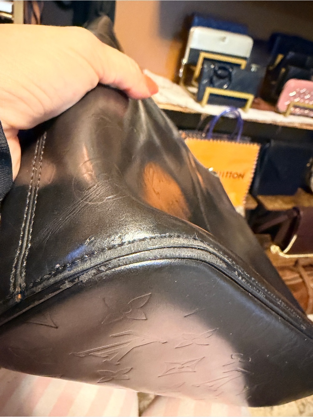 Louis Vuitton Sutter Monogram Embossed Shoulder Bag in Black w Brown Strap - Picture 12 of 12